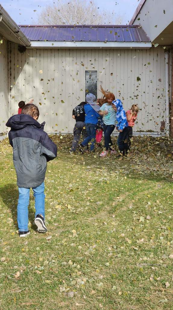 Kids playing in  the whirlwind of leaves.