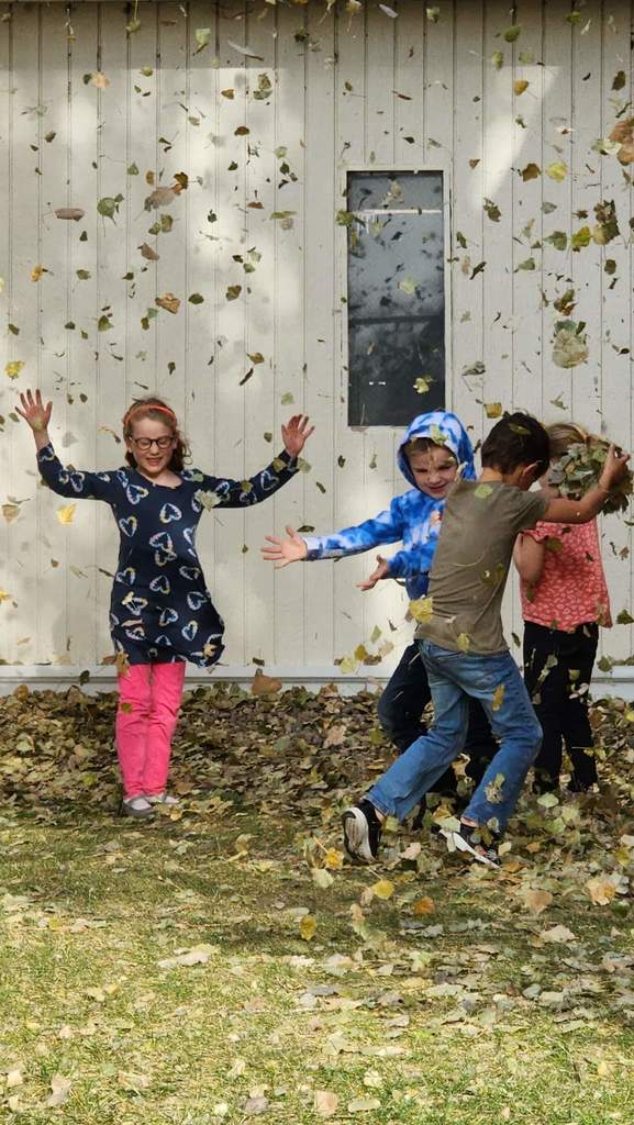 Kids throwing up leaves.