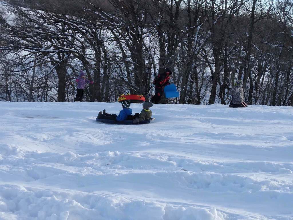 2 boys sledding down the hill.