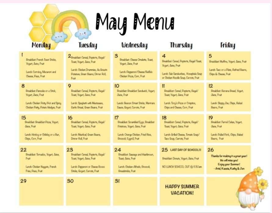lunch menu for May